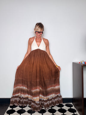 Abito Maxi Halter Crochet — Gonna Tie-Dye Cacao e Verde Militare
