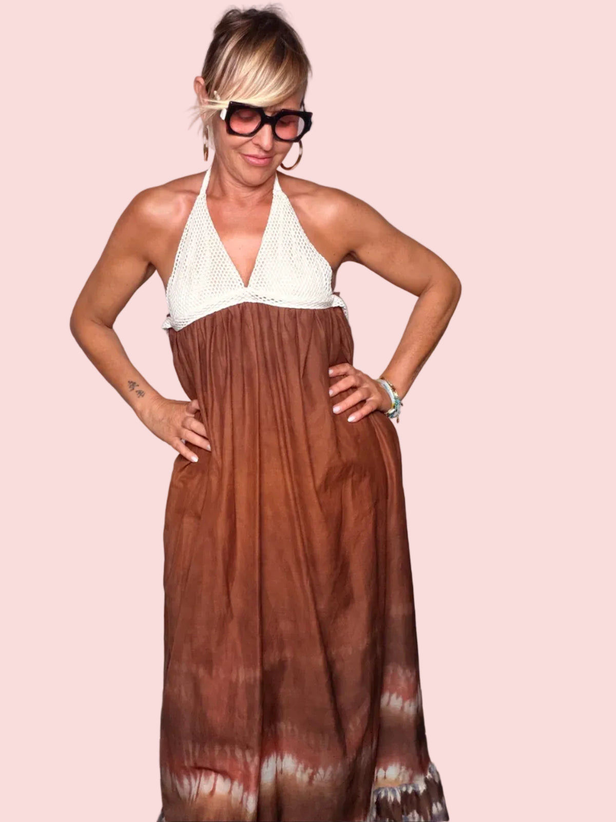 Abito Maxi Halter Crochet — Gonna Tie-Dye Cacao e Verde Militare