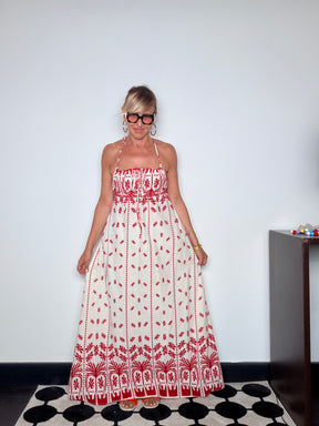 Abito Maxi Halter — Ricamo Folk Rosso su Fondo Avorio