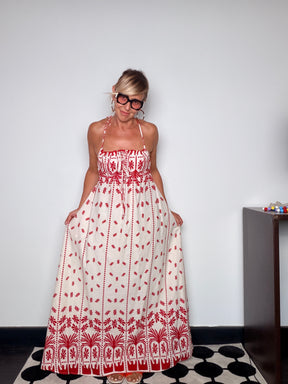 Abito Maxi Halter — Ricamo Folk Rosso su Fondo Avorio