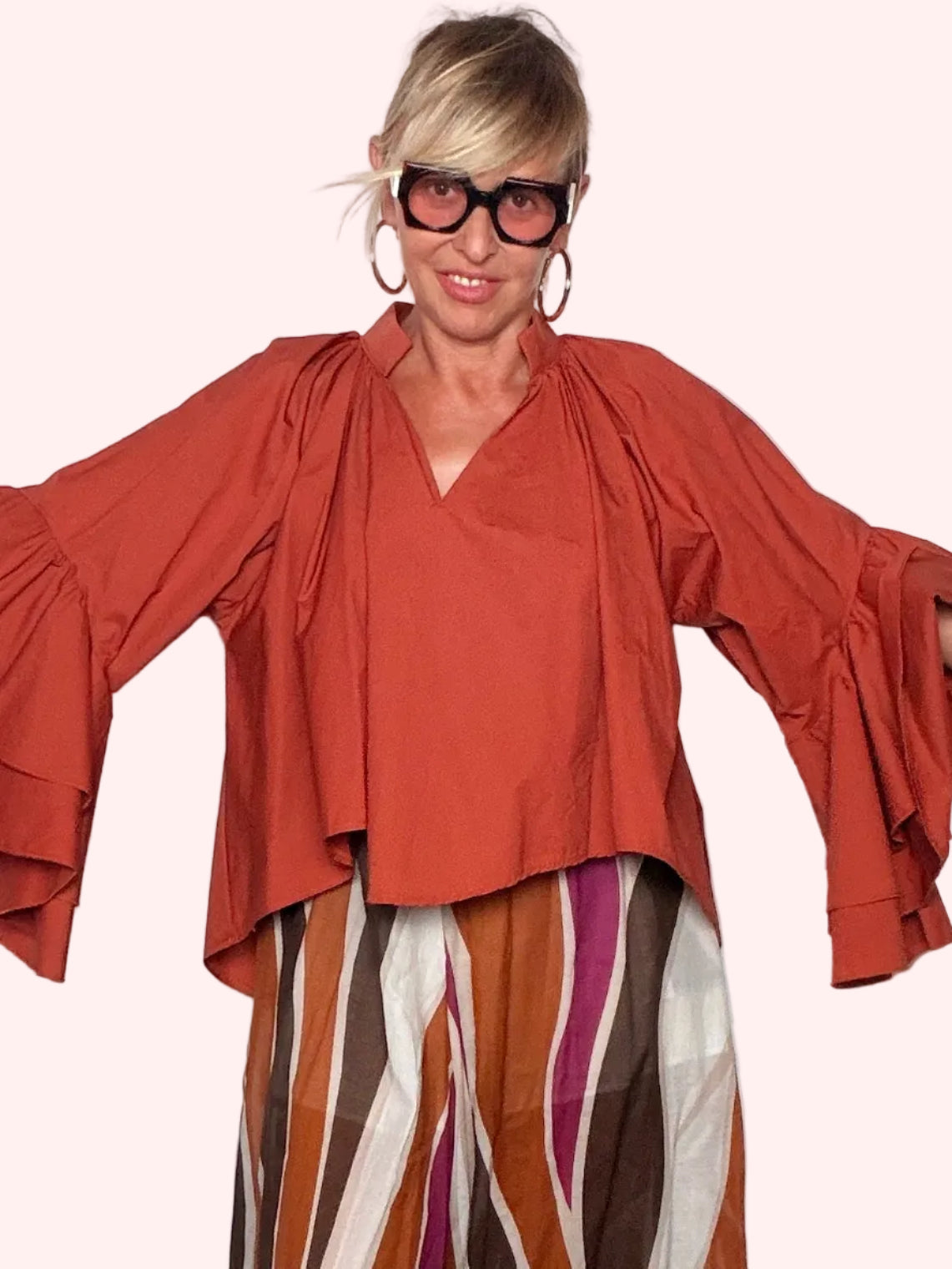 Camicia Oversize Terracotta con Volant in Cotone (Copia)