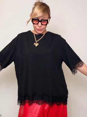 Maglia Oversize Nera con Inserto Pizzo Trasparente