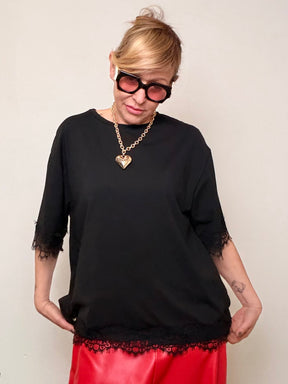Maglia Oversize Nera con Inserto Pizzo Trasparente