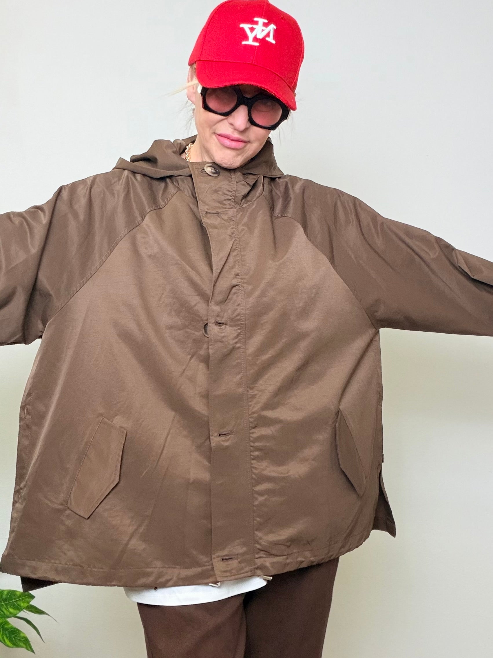 Giacca Oversize Marrone Talpa con Cappuccio