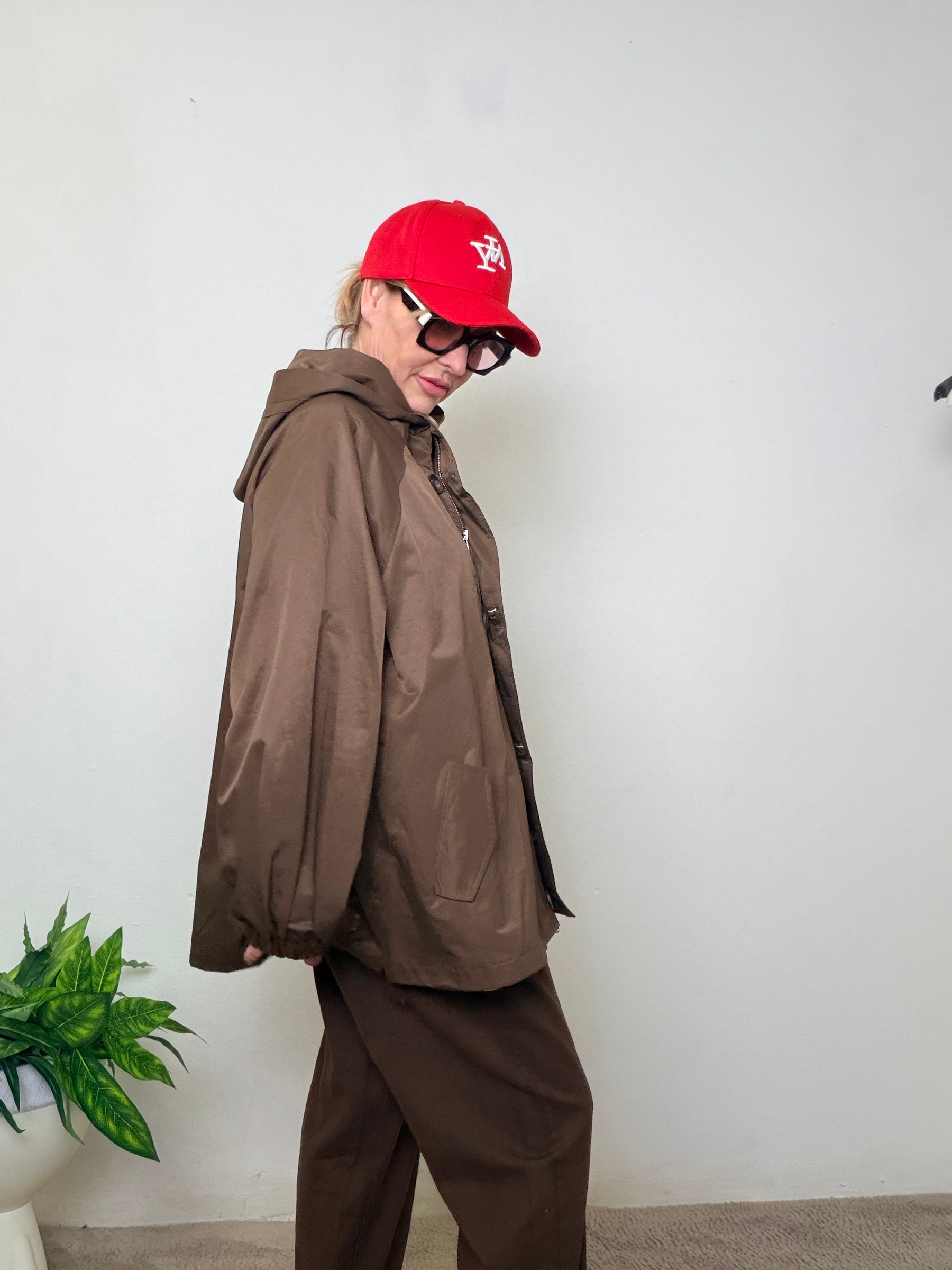 Giacca Oversize Marrone Talpa con Cappuccio