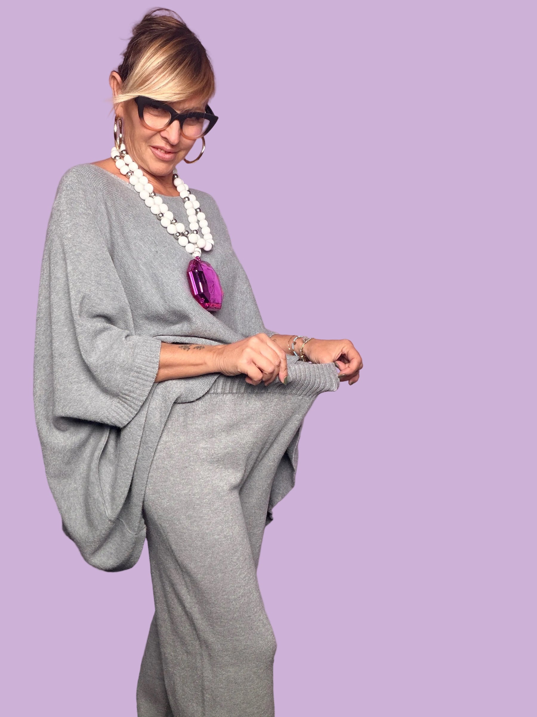 Pantalone in maglia Souvenir grigio mélange con vita elastica e fondo a coste, vista frontale