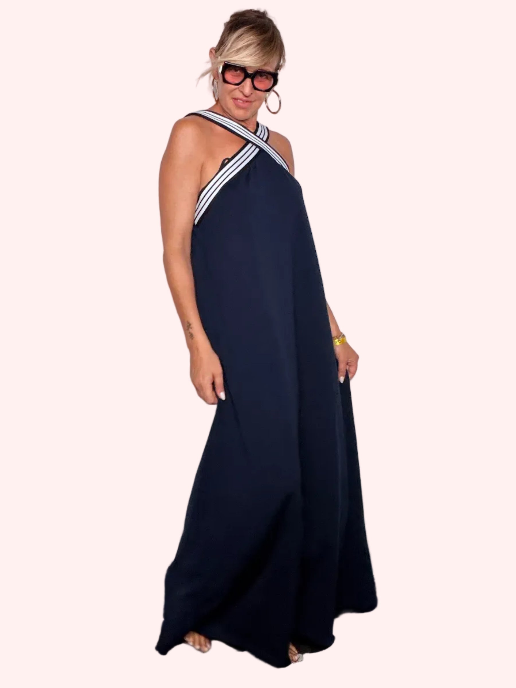 Abito maxi navy bretelle incrociate - vista laterale