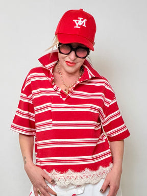 Polo Oversize Rossa a Righe con Bordo Pizzo