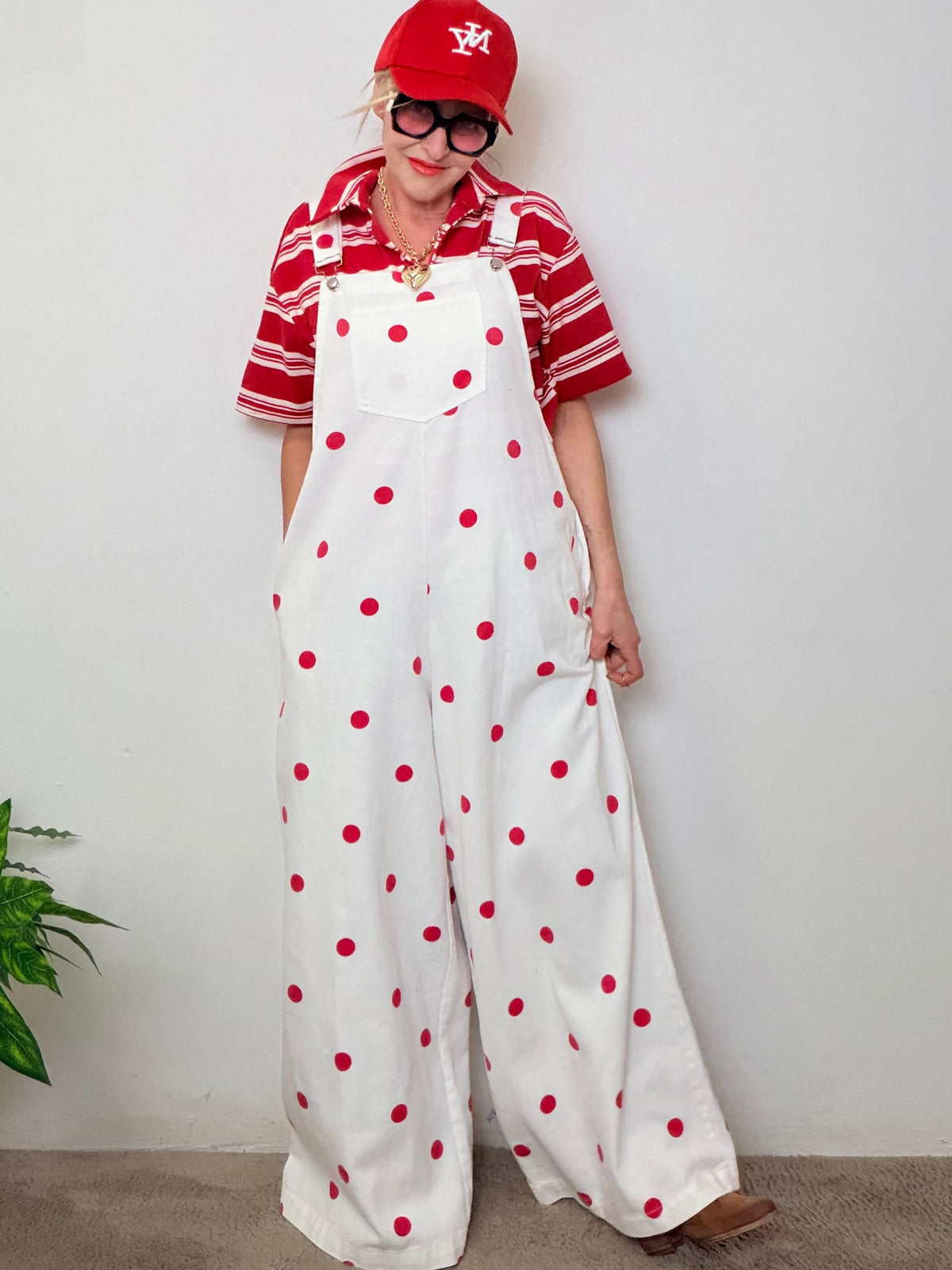 Salopette Oversize Bianca a Pois