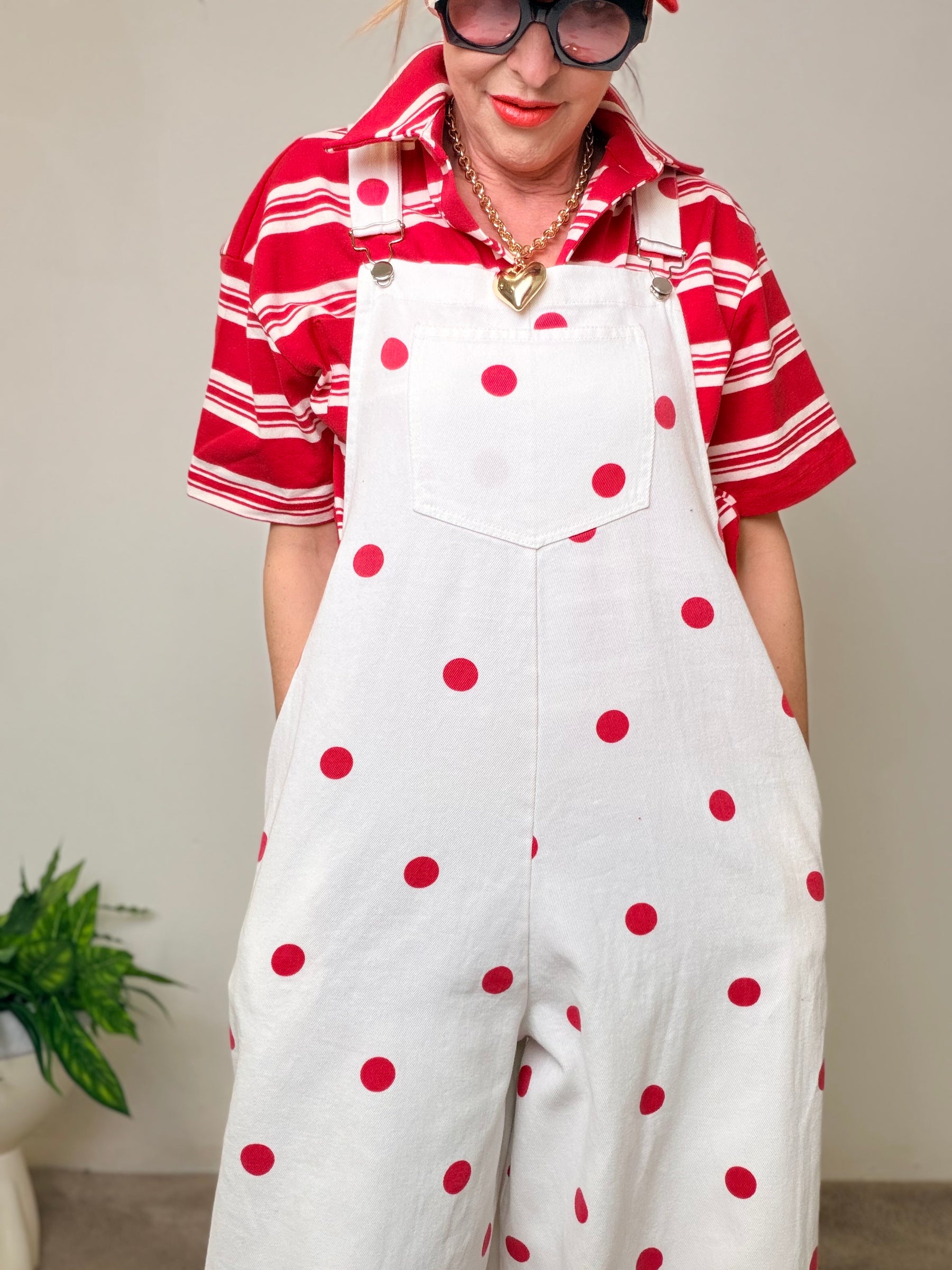 Salopette Oversize Bianca a Pois