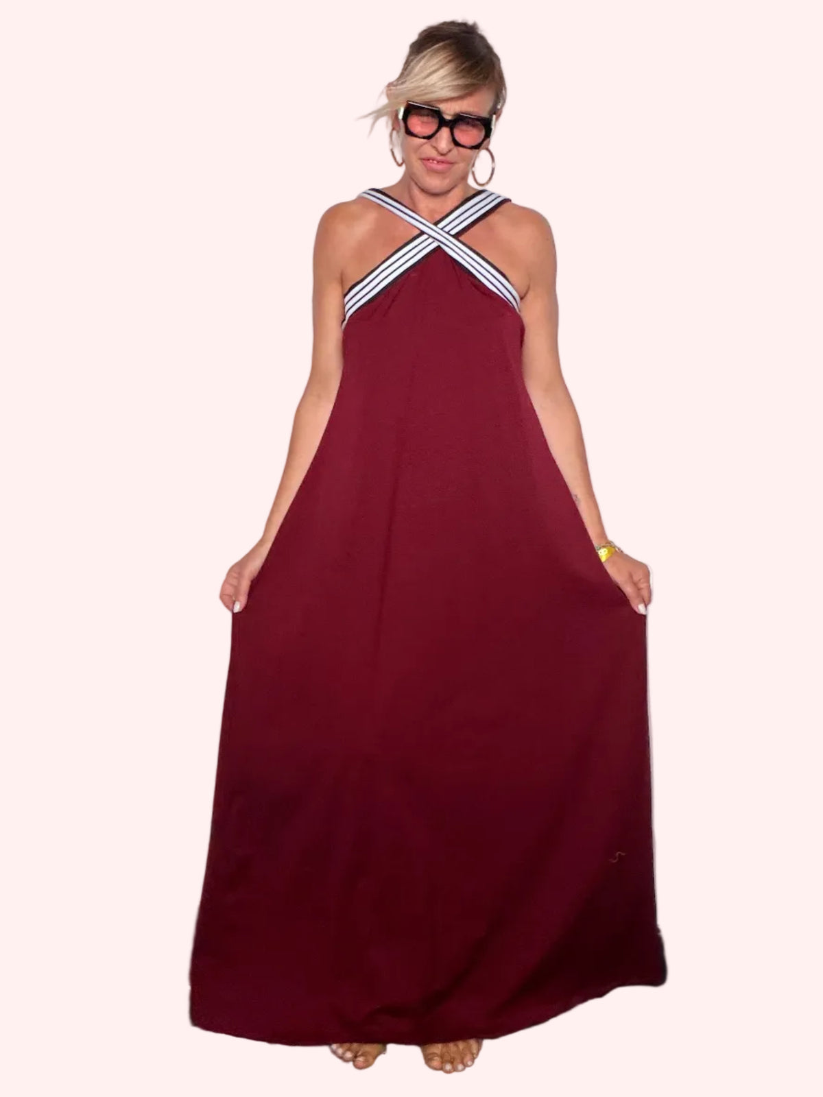 Abito maxi bordeaux bretelle incrociate righe - vista frontale