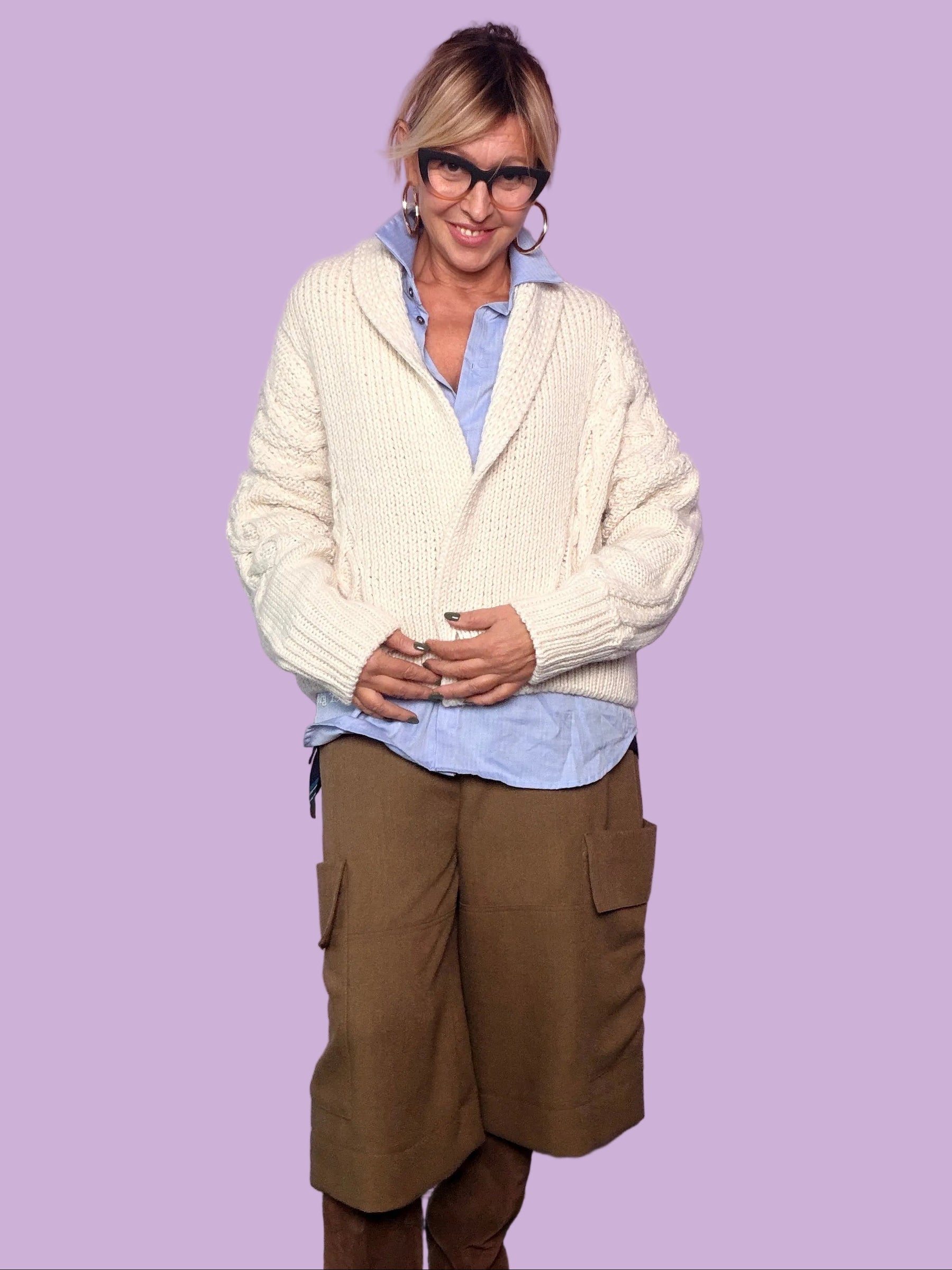 Cardigan panna Souvenir a trecce con collo sciallato e bottoni, vista frontale