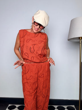 Pantalone sangallo paisley ruggine - dettaglio vita