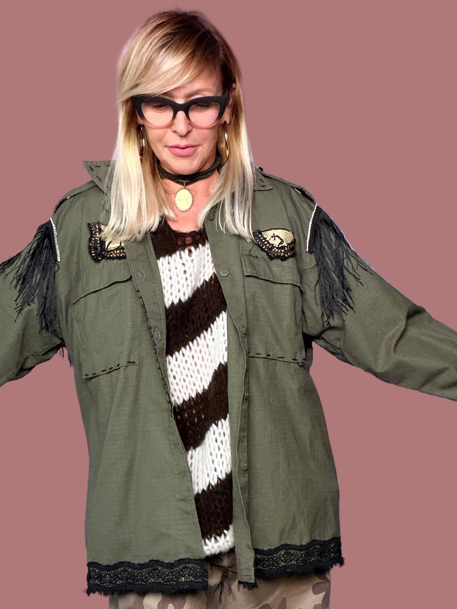 Giacca camicia verde militare vintage con cavallo e leone Female
