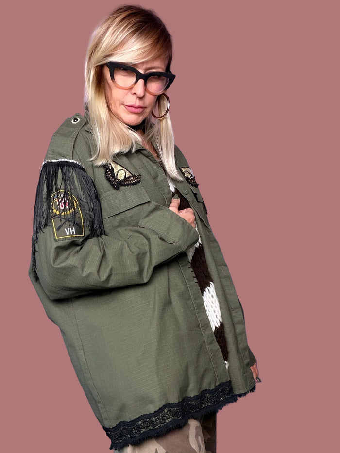 Giacca camicia verde militare vintage con cavallo e leone Female