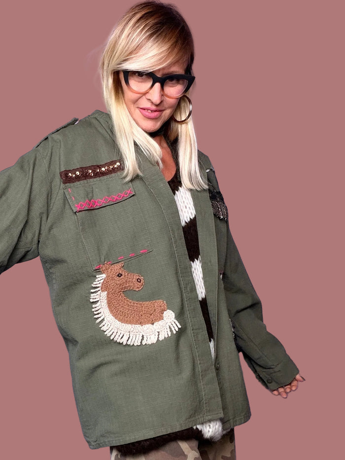 Giacca camicia verde militare vintage con cavallo e leone Female