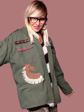 Giacca camicia verde militare vintage con cavallo e leone Female