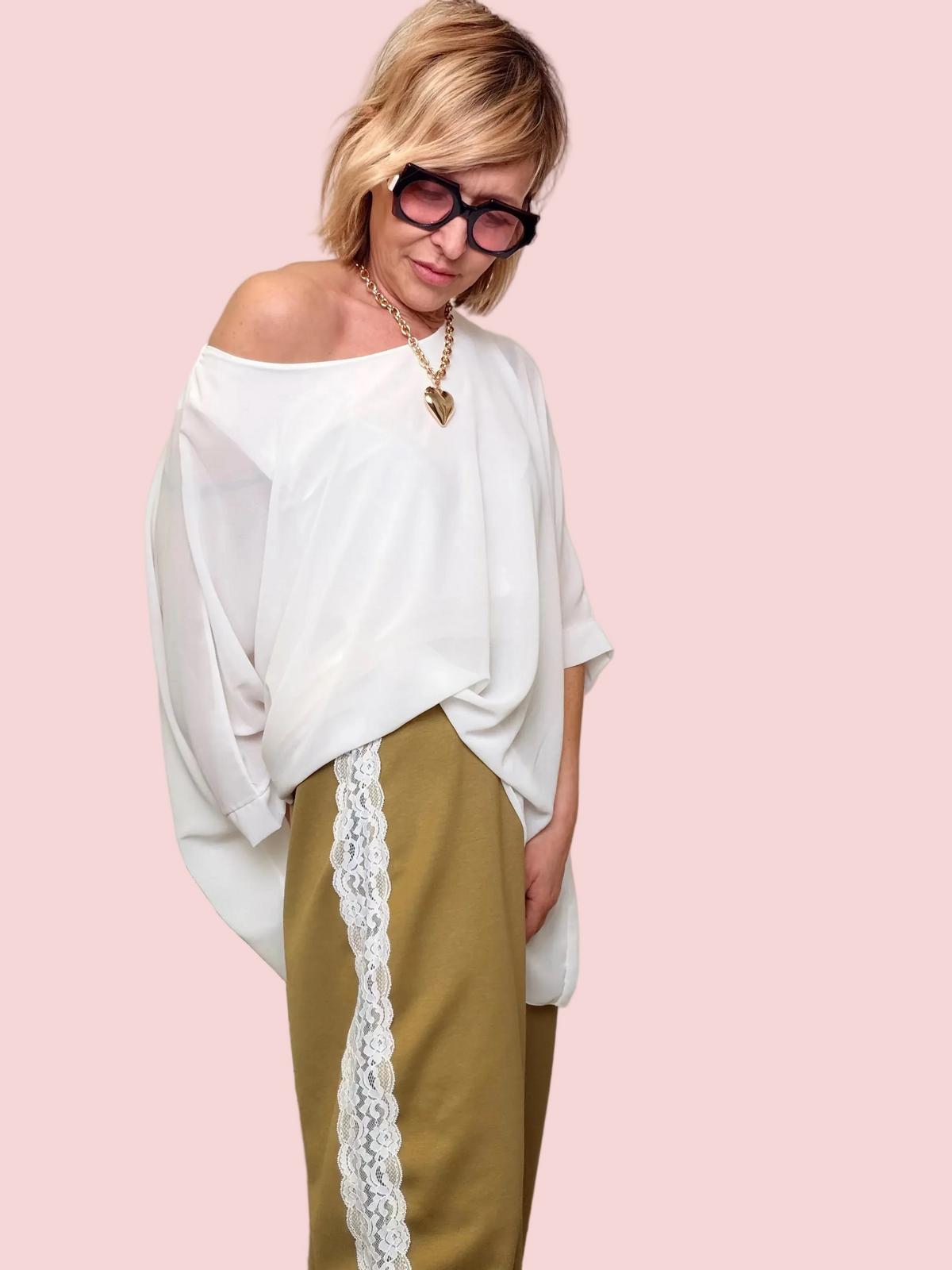 Pantaloni Pizzo Bianco Laterale Oversize