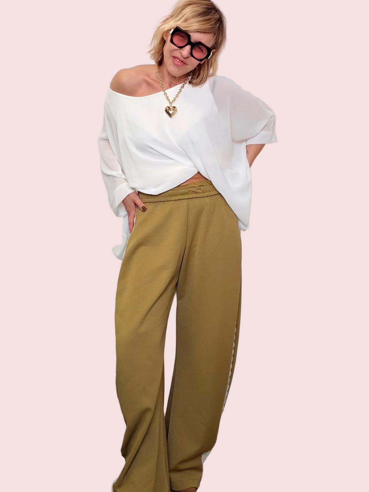 Pantaloni Pizzo Bianco Laterale Oversize