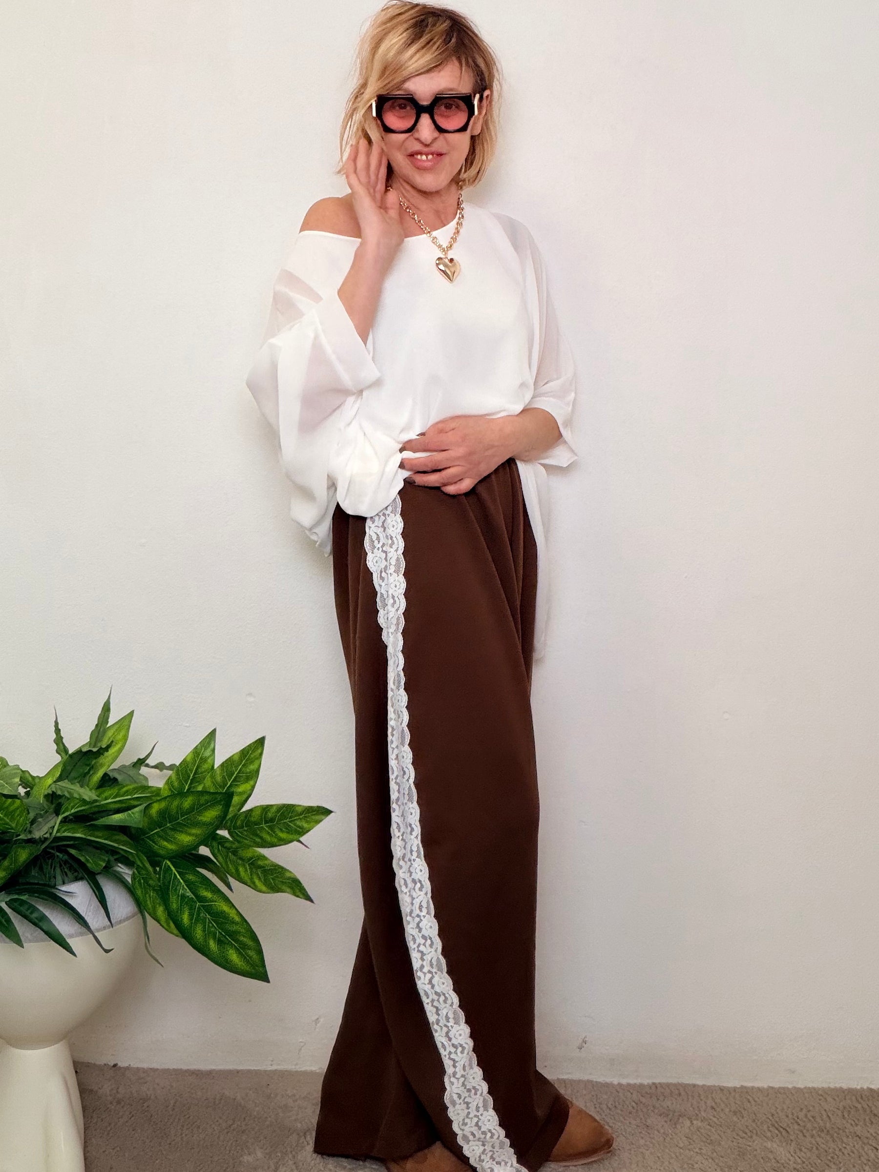 Pantaloni Pizzo Bianco Laterale Oversize