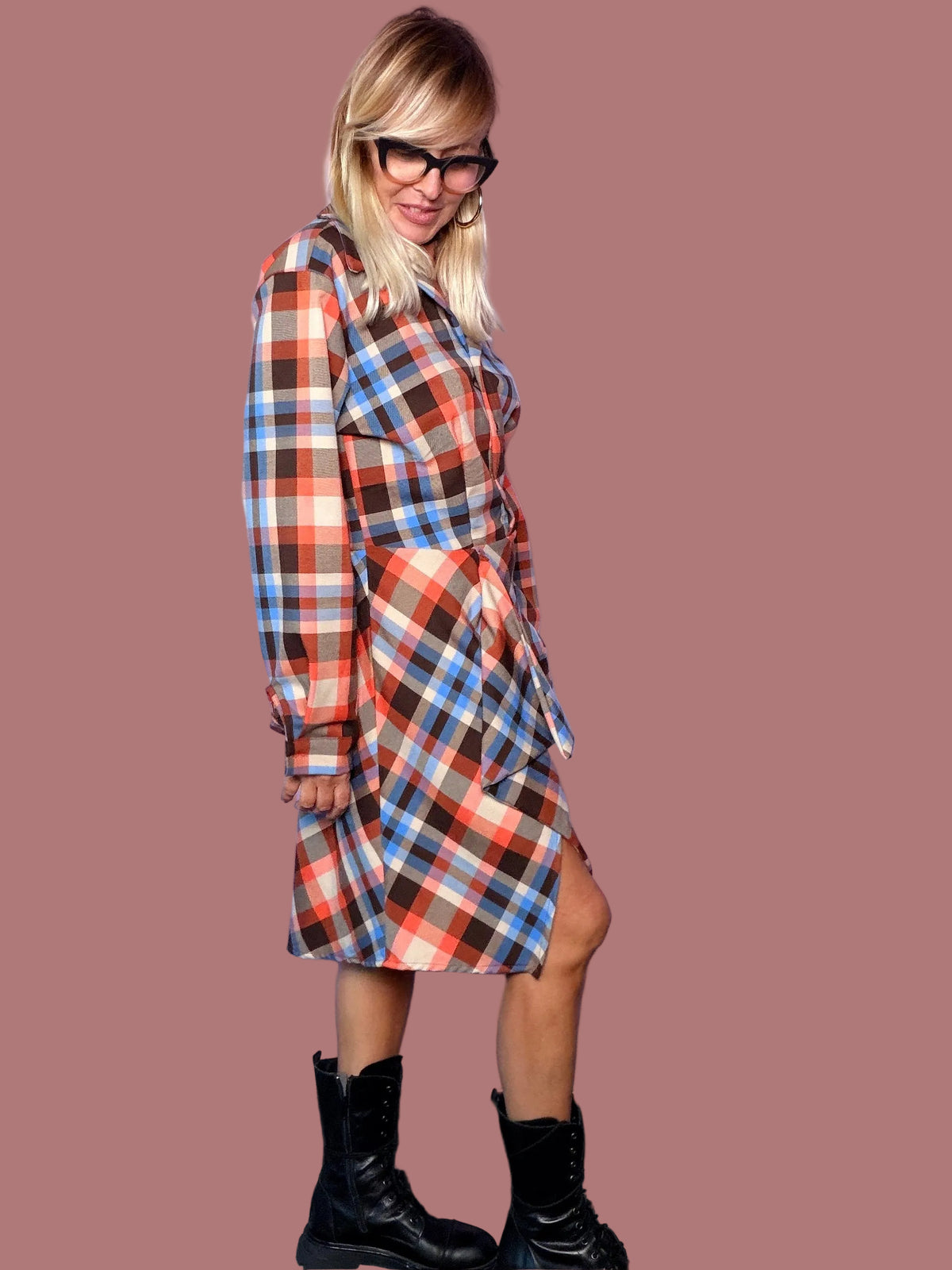 Abito chemisier a quadri con drappeggio asimmetrico Female