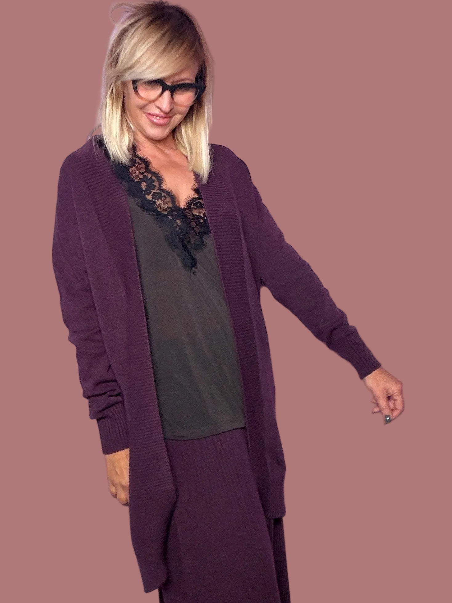 Cardigan lungo a costine color prugna Deja Vu