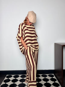 Pantalone lino a righe nero beige - vista frontale intera