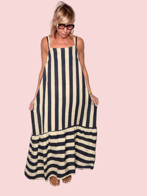 Abito maxi lino a righe nero beige - vista frontale