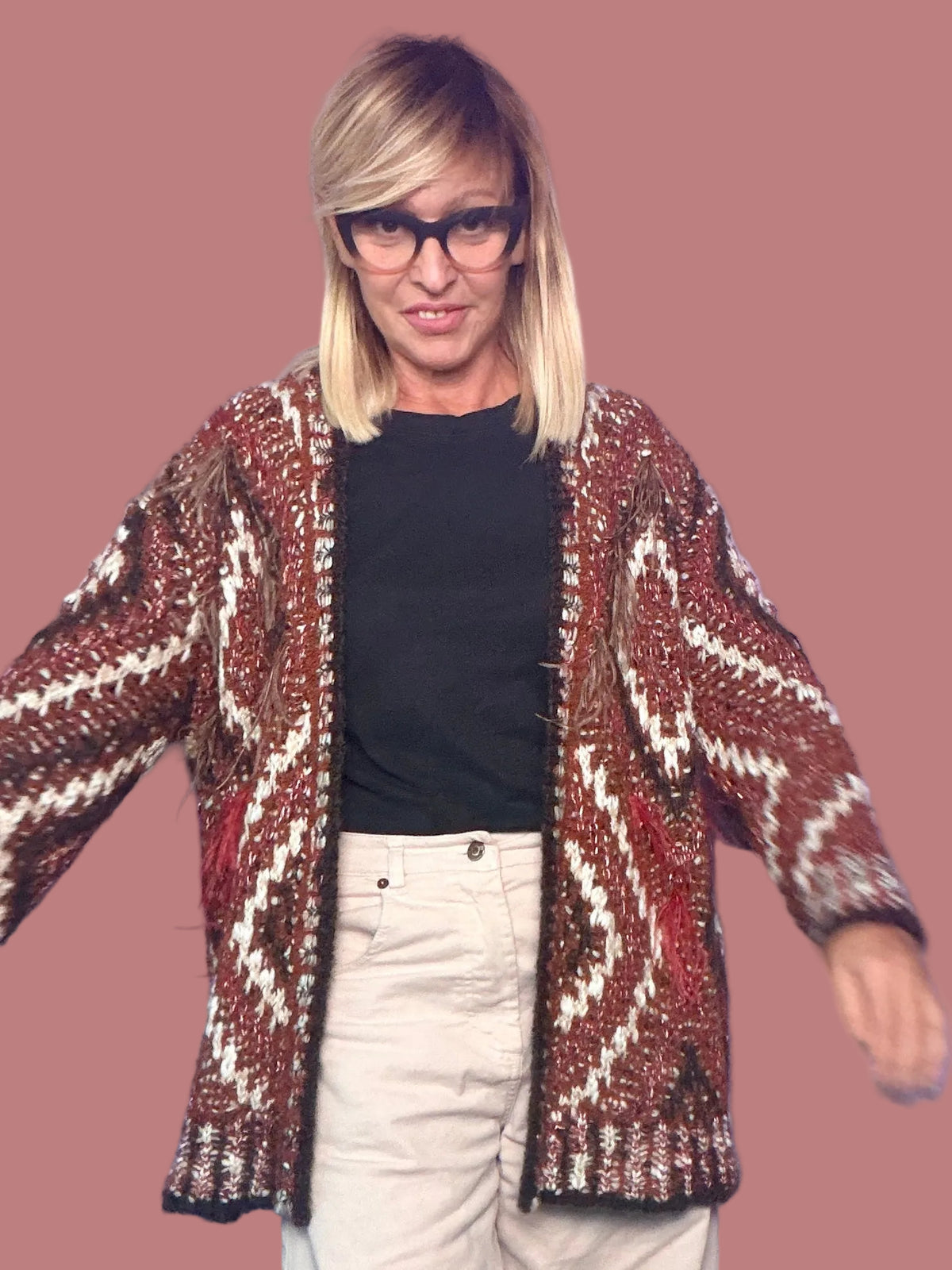 Cardigan lungo fantasia con dettagli sfrangiati nei toni ruggine