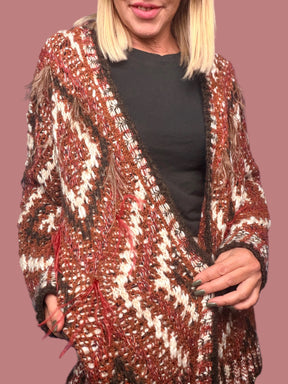 Cardigan lungo fantasia con dettagli sfrangiati nei toni ruggine