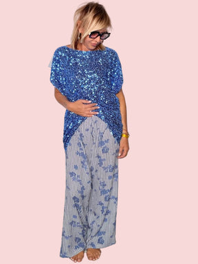 Pantalone Palazzo a Righe con Ricami Floreali