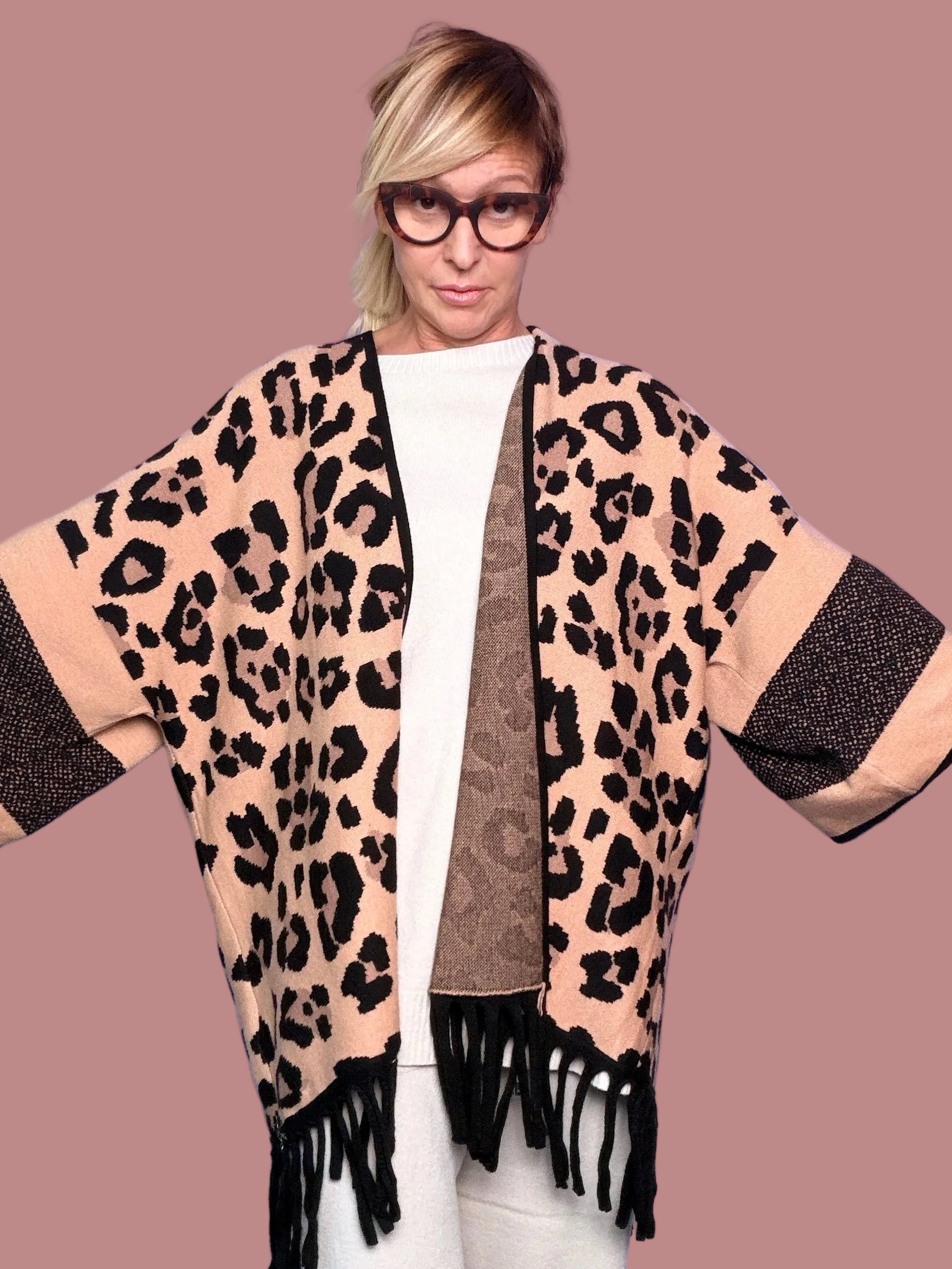 Cardigan Over Animalier con Frange