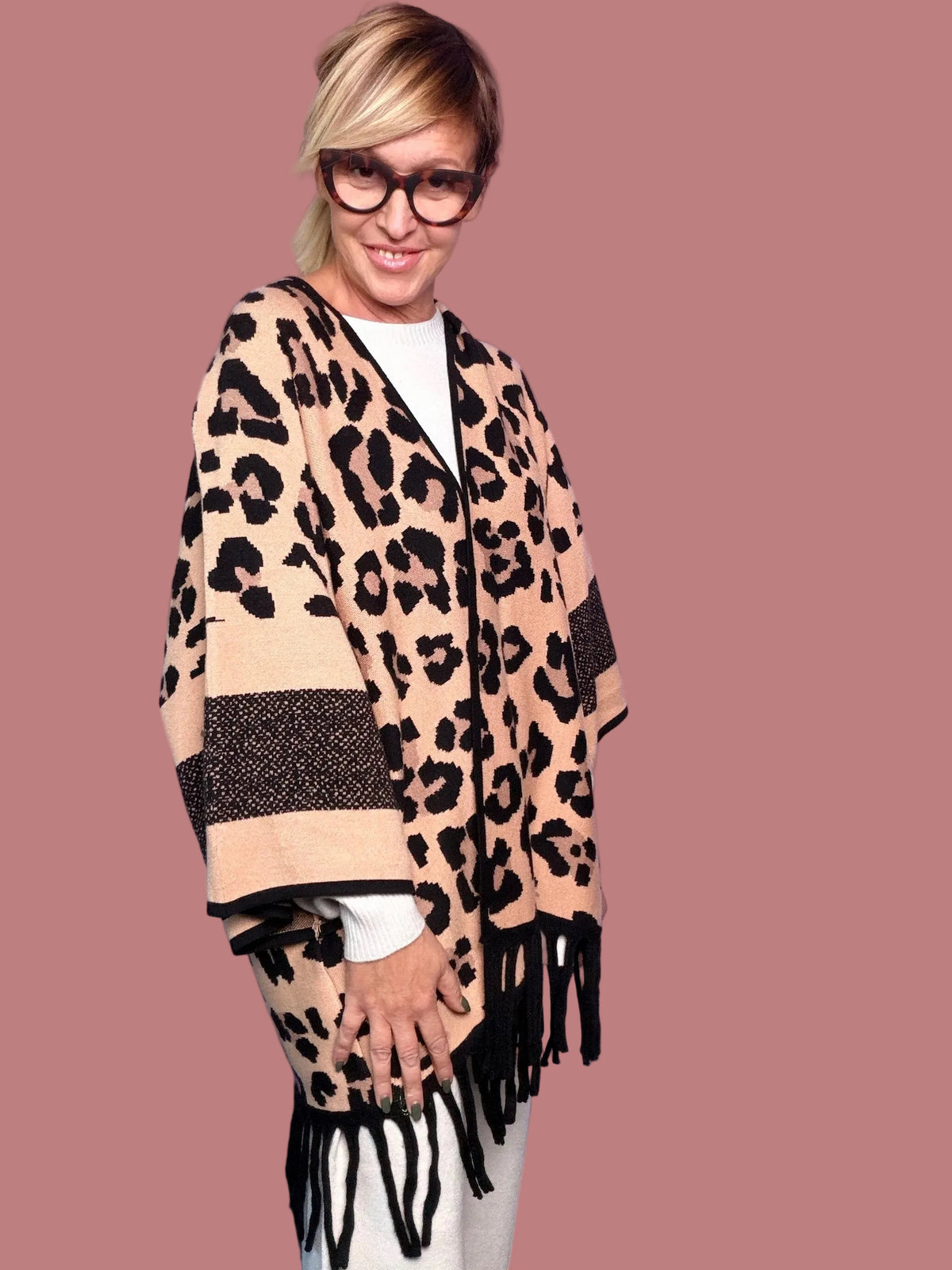 Cardigan Over Animalier con Frange