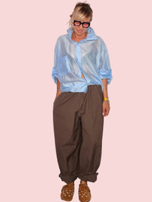 Pantalone Wide Leg in Cotone con Vita Elastica e Coulisse