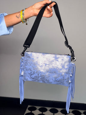 Borsa clutch frange glitter azzurro - vista frontale scamosciato metallizzato