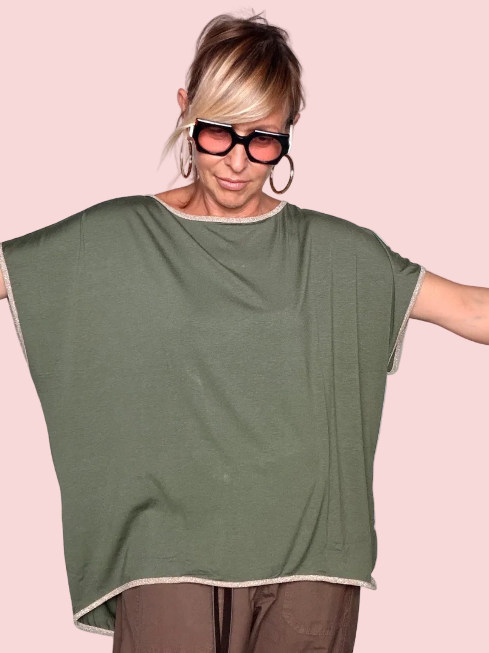 Top Oversize in Jersey con Bordi Lurex — Rosso / Tortora / Nero