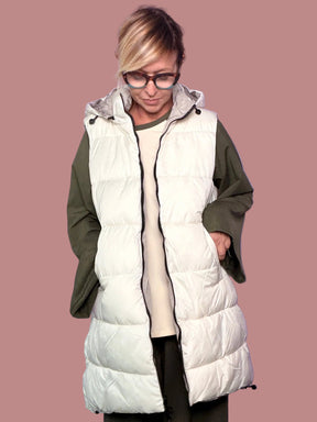 Gilet piumino lungo double face con cappuccio