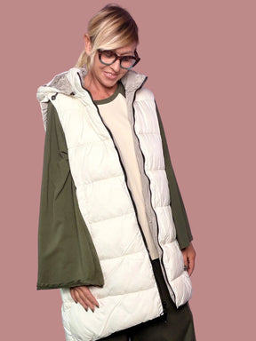 Gilet piumino lungo double face con cappuccio
