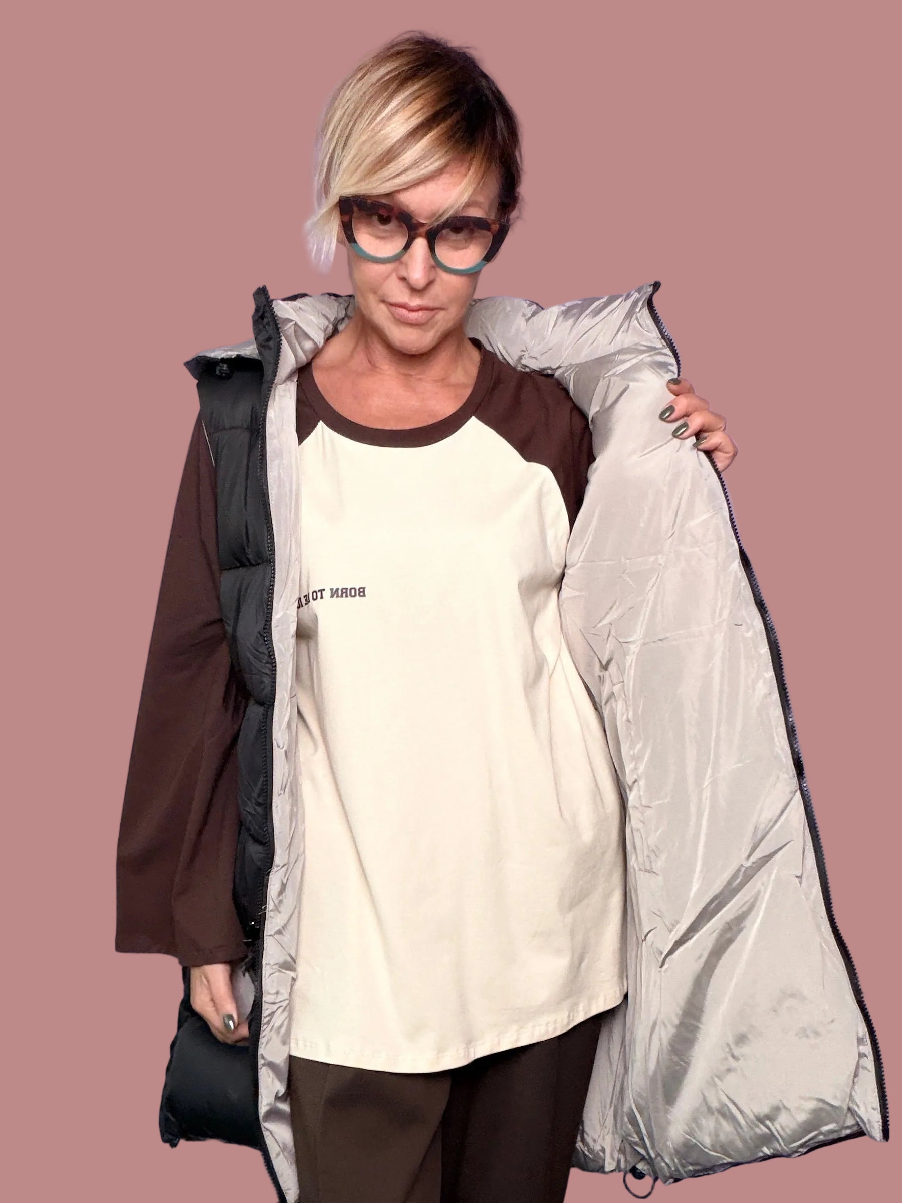 Gilet piumino lungo double face con cappuccio