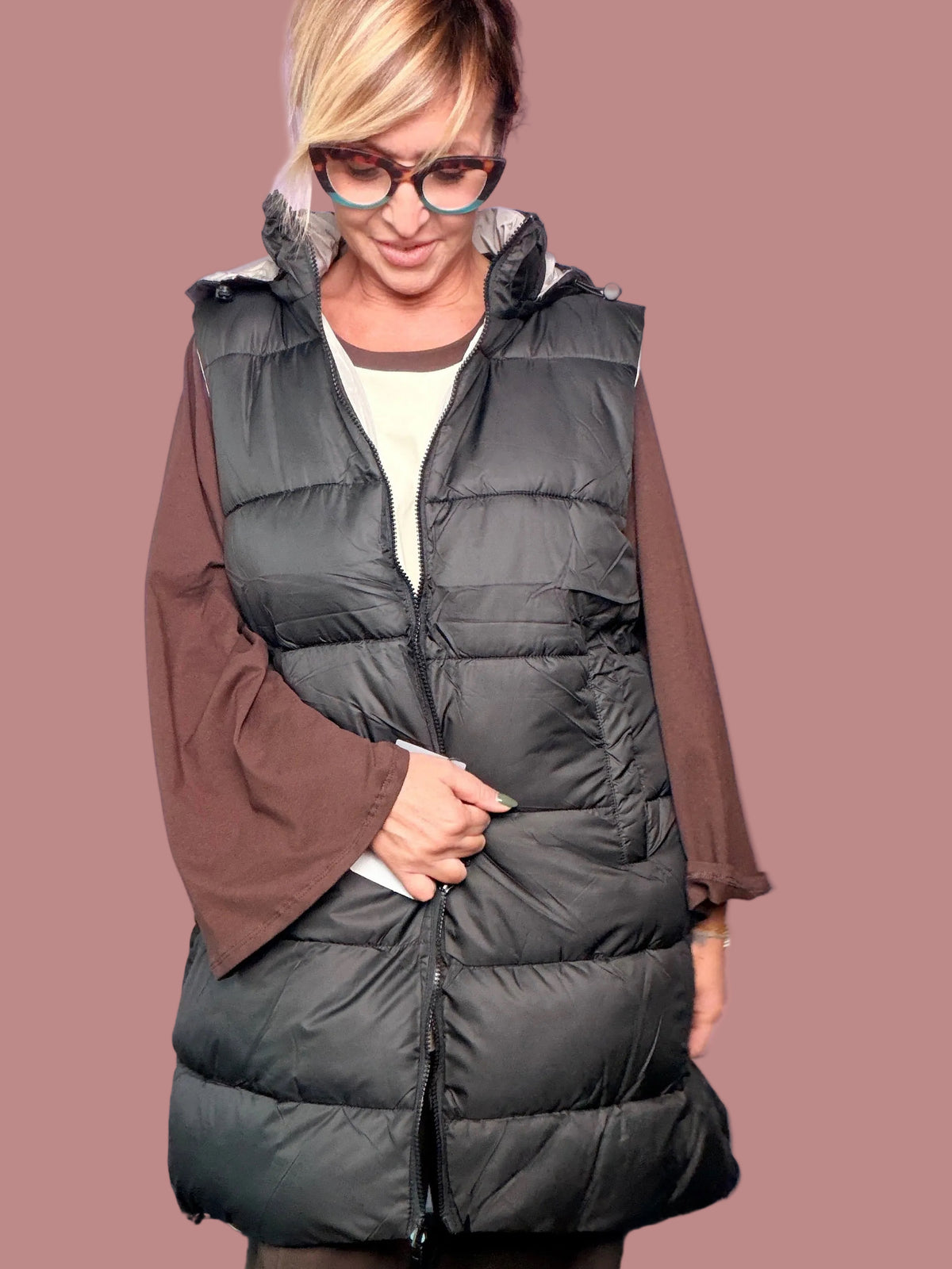 Gilet piumino lungo double face con cappuccio