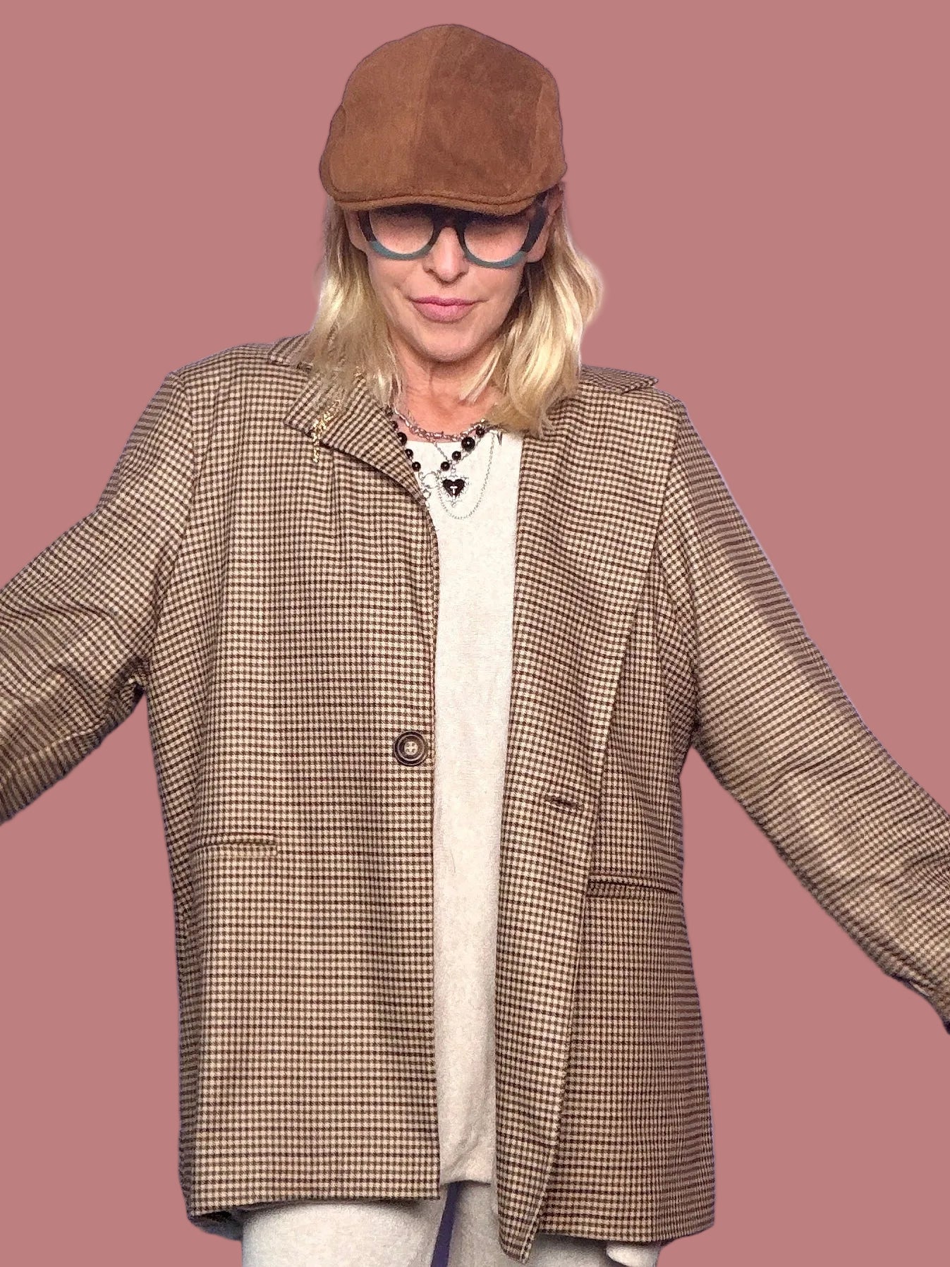 Blazer Oversize Pied-de-Poule Risvolto Rigato a Contrasto