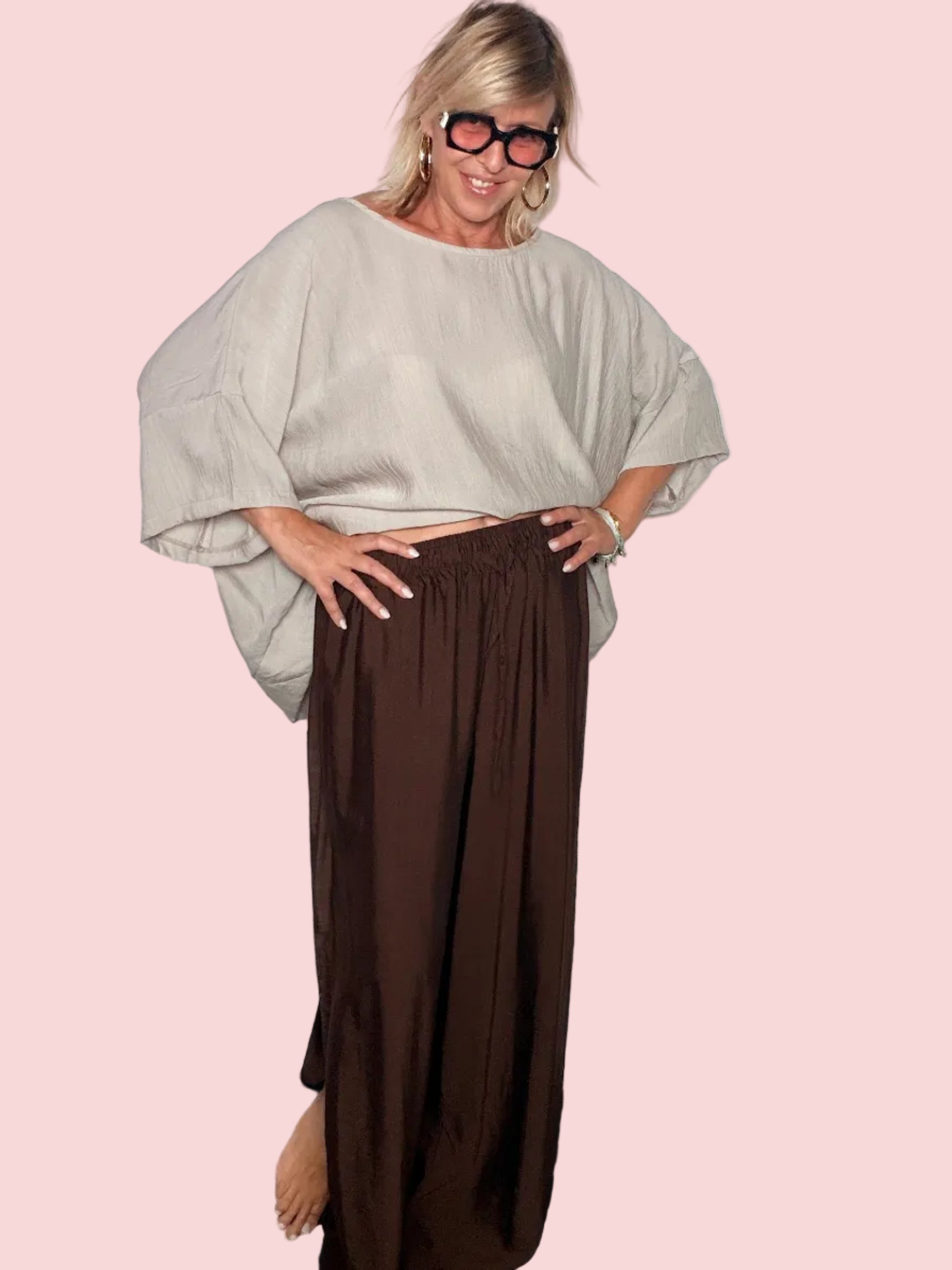 Gonna pantalone maxi fluida marrone cioccolato - dettaglio vita elastica e spacco laterale