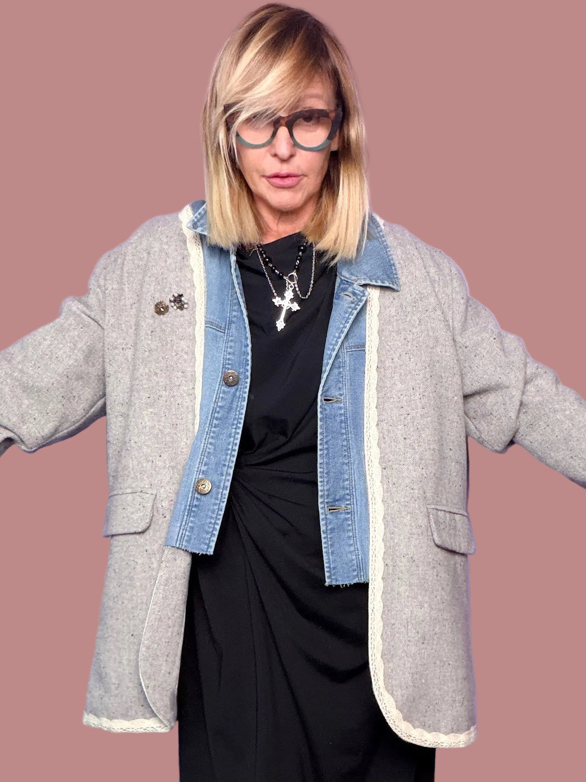 Giacca grigio mélange con inserti denim