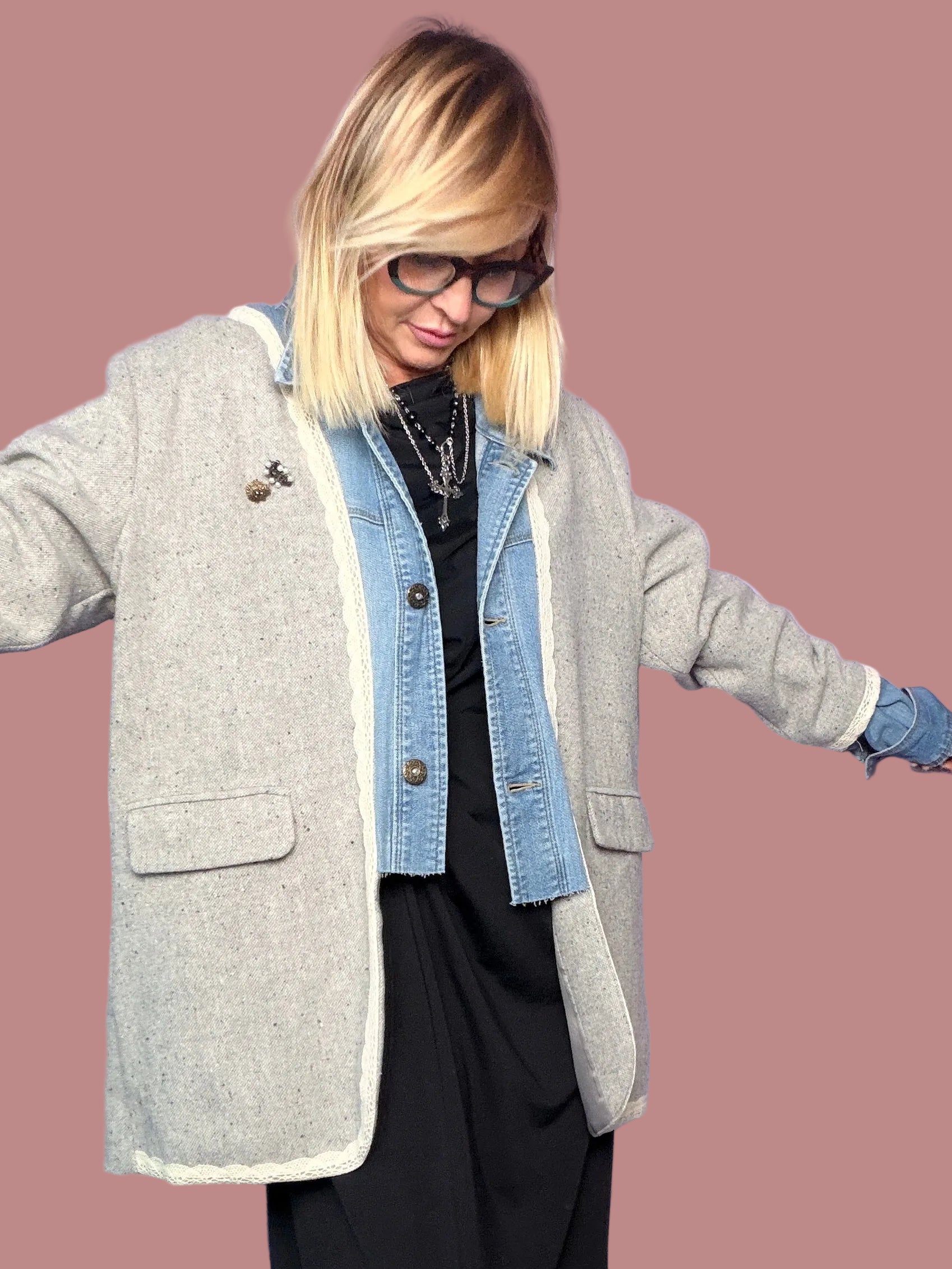 Giacca grigio mélange con inserti denim