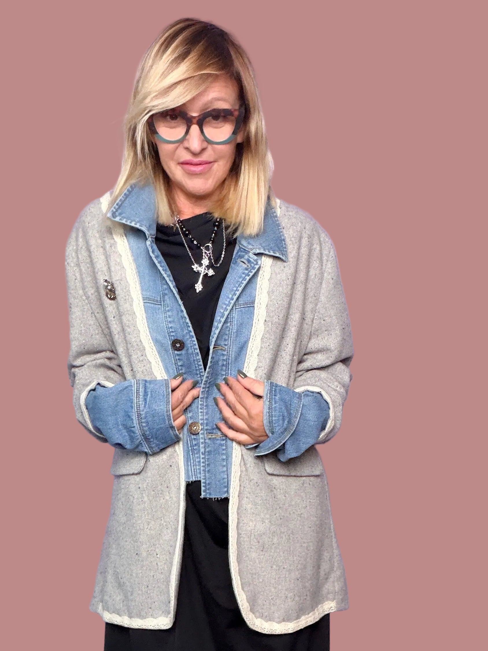 Giacca grigio mélange con inserti denim