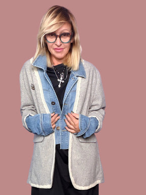 Giacca grigio mélange con inserti denim