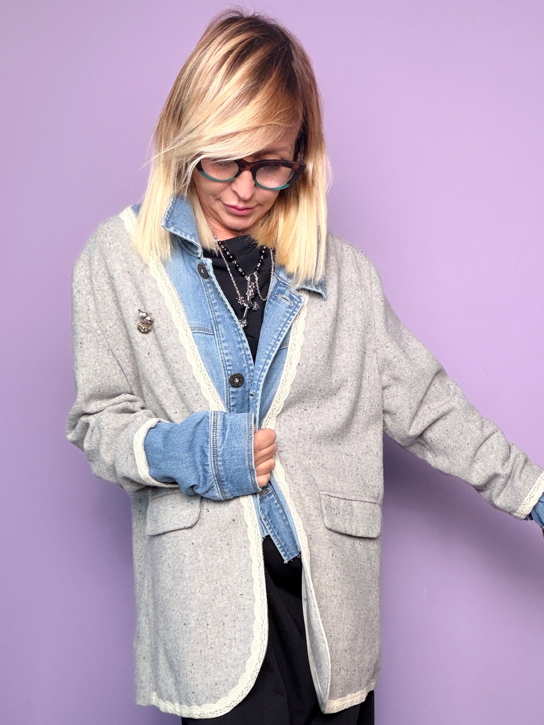 Giacca grigio mélange con inserti denim