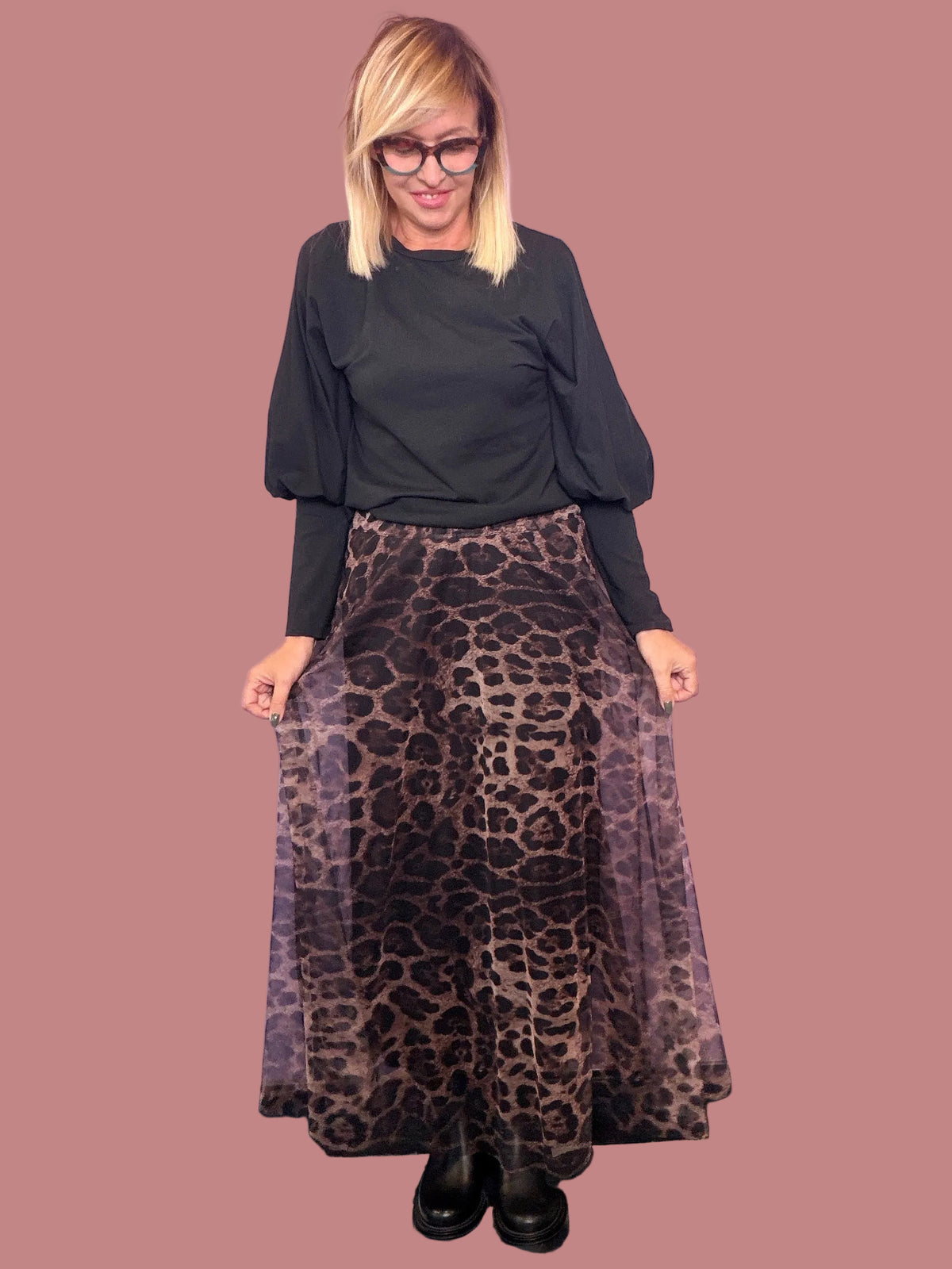 Gonna lunga in tulle animalier con elastico in vita