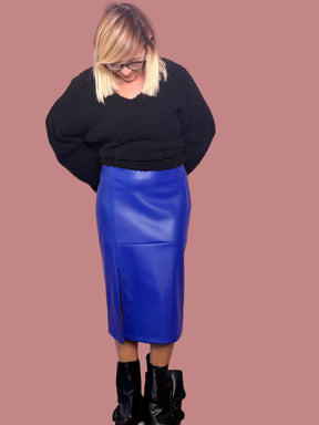 Gonna midi in ecopelle blu con spacco
