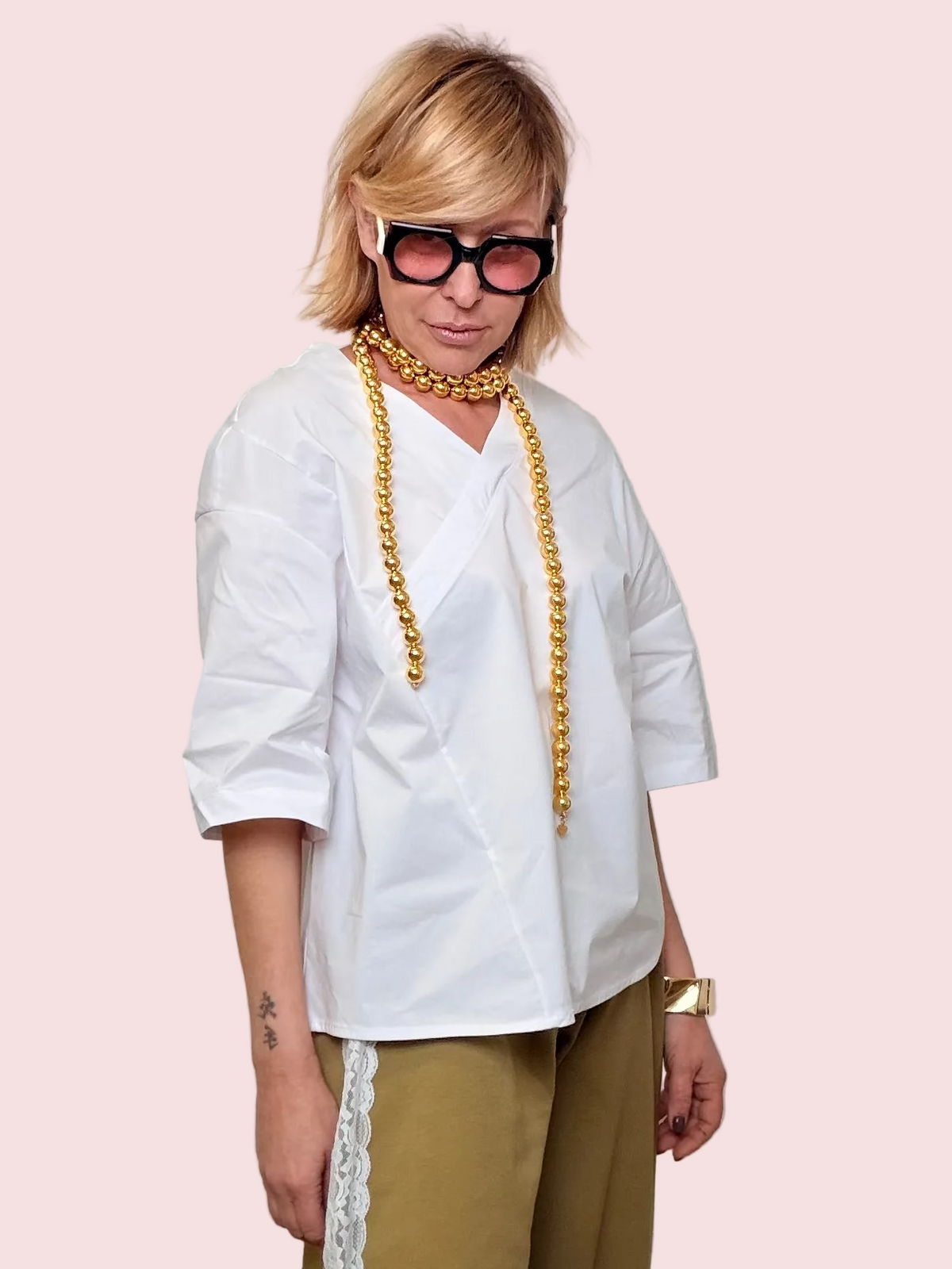 Camicia cotone scollo kimono bianca